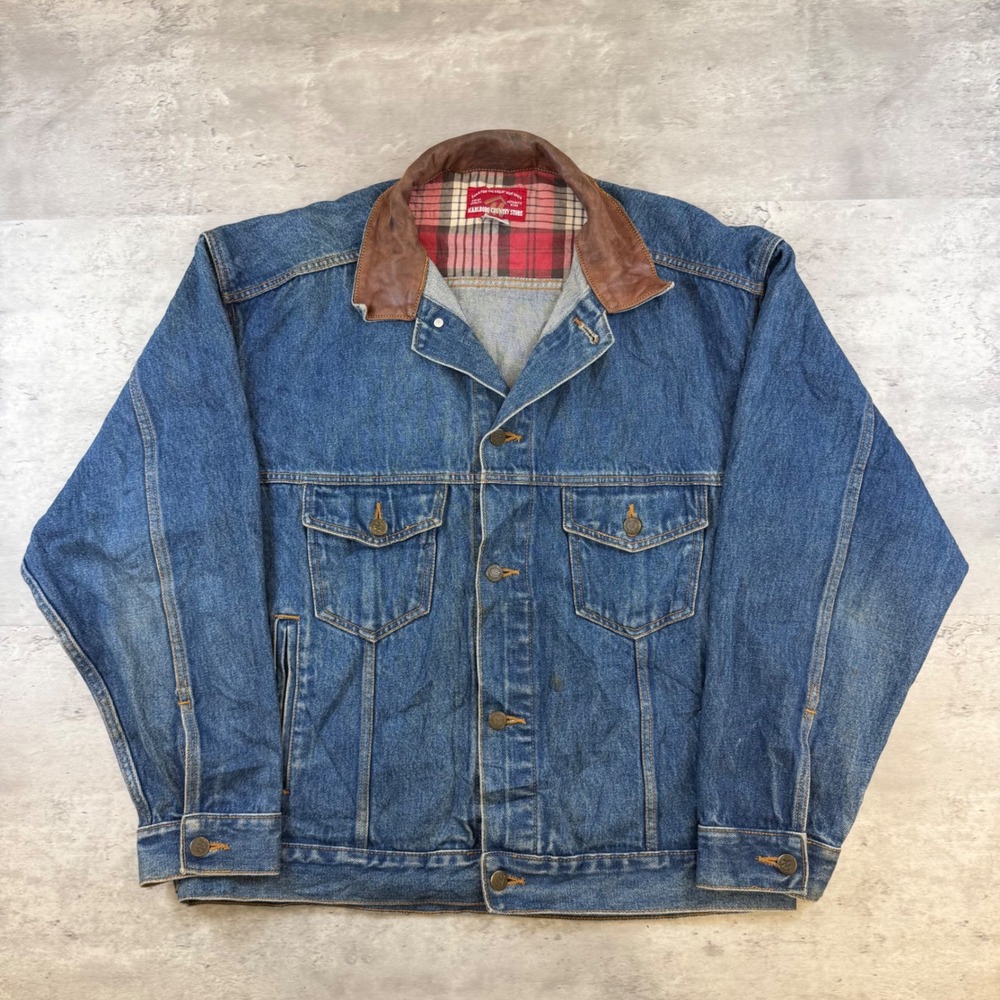 Marlboro Country Store Vintage Denim Jacket Leather Collar Flannel Lined L